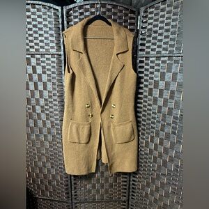 Camel Longline Sleeveless Knit Vest XL • Double Breasted Buttons • Fall Layer